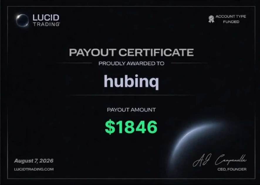 Certyfikat wypłaty $1,846 — Hubi, Lucid Trading