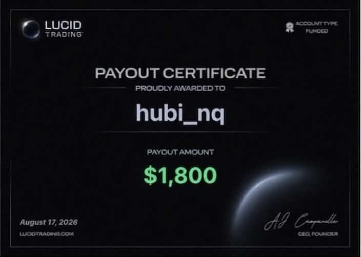 Certyfikat wypłaty $1,800 — Hubi, Lucid Trading